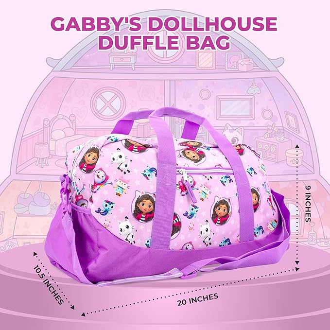 Gabby's Dollhouse Duffle Bag, 16 inch Travel Sleepover Weekender Bag for Girls, Purple Dance Bag