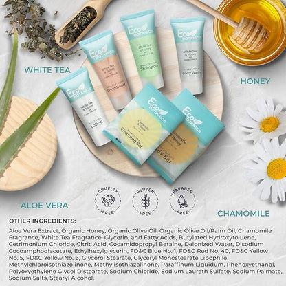 Eco Botanics Amenity & Accessory Kit | 0.85 oz Travel Size Shampoo, Conditioner, Lotion, Body Wash, Body Bar, Cleansing Bar, Shave & Dental Sets, Make-Up Remover Wipes, & Vanity Kit | 15 sets per case