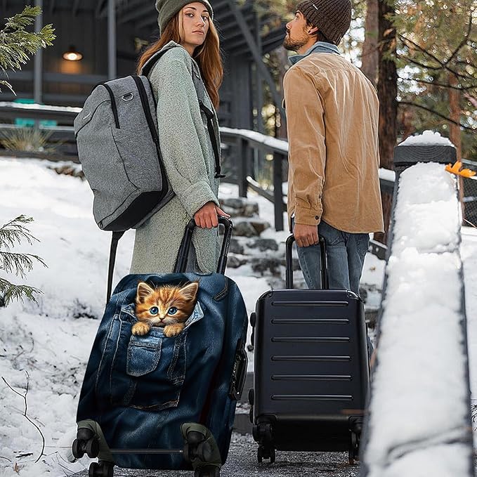 ANNA QUEEN Cute Kitten in Pocket Luggage Cover, Funny Cat Suitcase Protector with Denim Print, Stretchable & Washable Spandex Travel Cover for 20-22 Inch Luggage