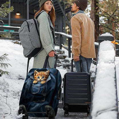 ANNA QUEEN Cute Kitten in Pocket Luggage Cover, Funny Cat Suitcase Protector with Denim Print, Stretchable & Washable Spandex Travel Cover for 32-34 Inch Luggage