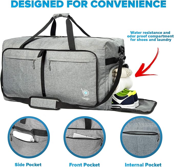 Bago Big XXL Foldable Duffel Bags for Traveling Women & Men - 140L Packable Duffle Bag for Travel with Shoe Compartment - Water Repellant, Heavy Duty, Lightweight Folding & Collapsible (SnowGray)