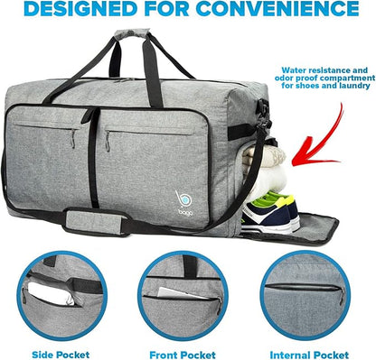 Bago Large Foldable Duffel Bags for Traveling Women & Men - 100L Packable Duffle Bag for Travel with Shoe Compartment - Water Repellant, Heavy Duty, Lightweight Folding & Collapsible (SnowGray)