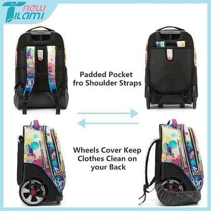 NEW TILAMI 19 Inch Rolling Backpack with Lunch Bag for Girls Boys Wheeled Laptop Backpack Durable Carry-on Bag School Travel, City