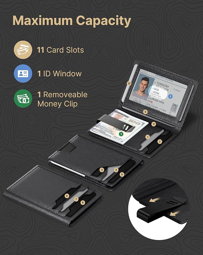 typecase Leather Wallet for Men Card Holder: Premium Genuine Leather, RFID Blocking, Slim, Minimalist, Front Pocket - 15 Cards Capacity | ID Window | Money Clip (Black)