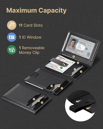 typecase Leather Wallet for Men Card Holder: Premium Genuine Leather, RFID Blocking, Slim, Minimalist, Front Pocket - 15 Cards Capacity | ID Window | Money Clip (Black)