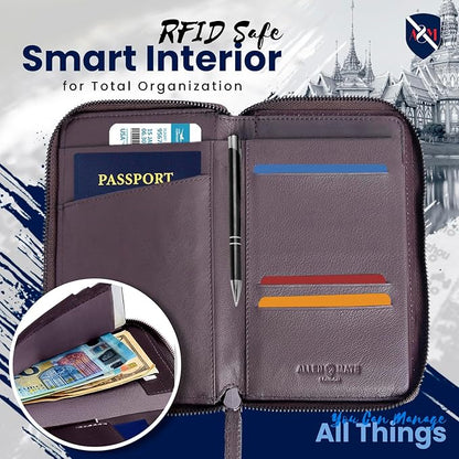ALLEN & MATE Passport Holder Travel Wallet, 100% Leather RFID Blocking Travel Document Organiser for Men & Women