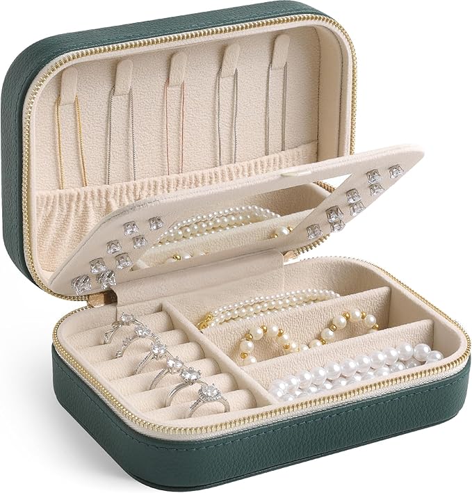 Genuine Leather Travel Jewelry Organizer Case with Mirror for Women, Small Mini Portable Jewelry Box for Ring Earrings Necklace Bracelet Luxury Gift for Women（Dark Green）