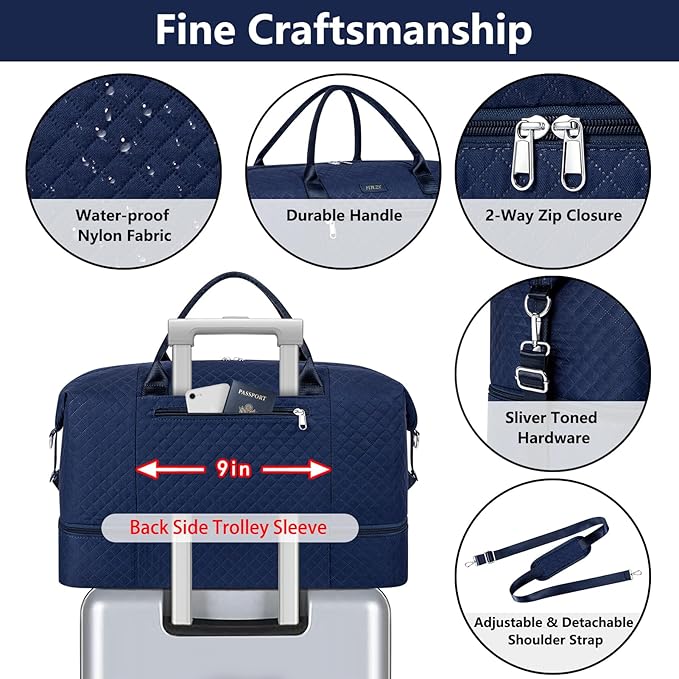 Weekender Bag for Women, Travel Duffel Bag Carry On Overnight Bag with Shoe Compartment Large Nylon Travel Weekend Tote Bag