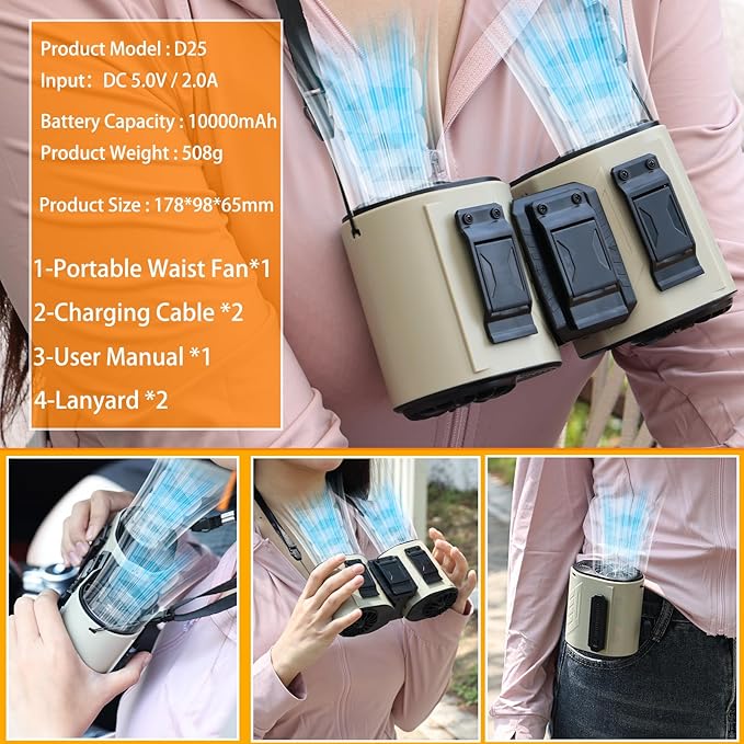 Portable Waist Fan Detachable Double Fan Combination Turbo Technology10000 mAh 5-Speed 13000RPM Clip On Belt Wearable Personal Neck Fan for Traveling Outdoor Jobsite Camping WZ-ruijiang (GREEN +BLACK)