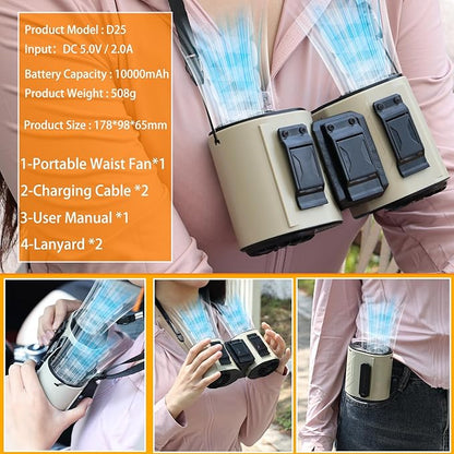 Portable Waist Fan Detachable Double Fan Combination Turbo Technology10000 mAh 5-Speed 13000RPM Clip On Belt Wearable Personal Neck Fan for Traveling Outdoor Jobsite Camping WZ-ruijiang (GREEN +BLACK)