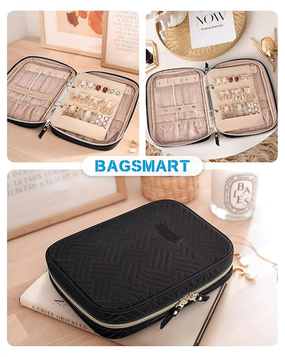 BAGSMART Jewelry Travel Organizer Case for Home Jewelry Organizer Storage Ring Binder Clear Bags Zipper Rolls Pouch for Necklaces, Earrings, Rings, Bracelets, Black