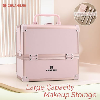 Makeup Train Case 2 Trays Makeup Box Organizer Portable Travel Makeup Case Lockable Makeup Storage Organizer Cosmetic Box for Jewelry Nail Tech Brushes Accessories Tool, Pink Pro