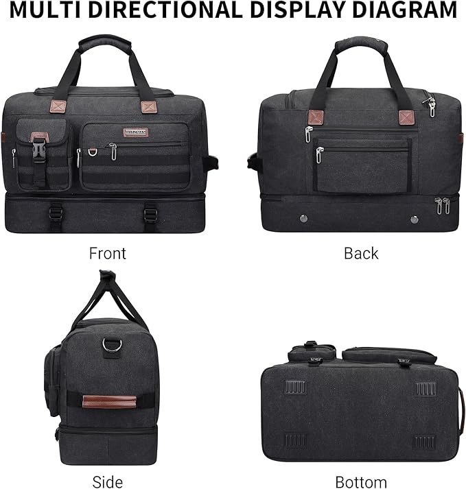 WITZMAN Duffle Bag for Men 50L Canvas Weekender Overnight Bag with Toiletry Bag Sets Travel Duffel Bag Shoes Compartment（A8010-2 Classic Black）