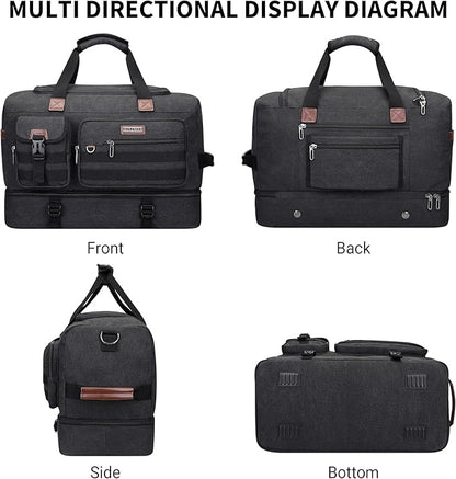 WITZMAN Duffle Bag for Men 50L Canvas Weekender Overnight Bag with Toiletry Bag Sets Travel Duffel Bag Shoes Compartment（A8010-2 Classic Black）