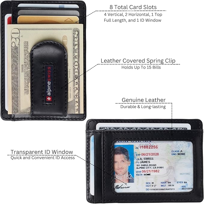 Alpine Swiss RFID Dermot Money Clip Front Pocket Wallet For Men Leather Hampton Collection Glossy Nappa Black