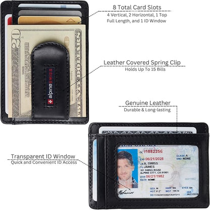 Alpine Swiss RFID Dermot Money Clip Front Pocket Wallet For Men Leather Hampton Collection Glossy Nappa Black