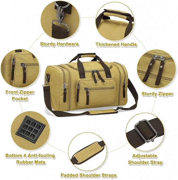 Expandable Canvas Duffel 50cm-58cm, Sturdy Zipper and Reinforced Handles, Lightweight Carry-On Weekender Bag for 3-5 Day Trips, Khaki