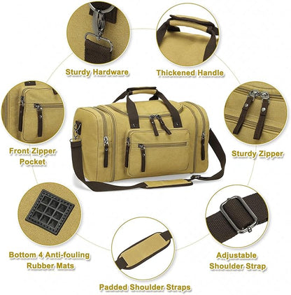 Expandable Canvas Duffel 50cm-58cm, Sturdy Zipper and Reinforced Handles, Lightweight Carry-On Weekender Bag for 3-5 Day Trips, Khaki