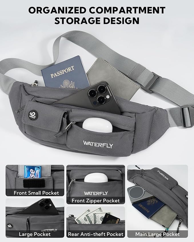 WATERFLY Small Crossbody Fanny Pack: 5 Pocket Slim Lightweight Waist Belt Hip Bag for Women Men Water Resistant Chest Pouch for Travel Hiking Running Walking Fit All Phones - Gray