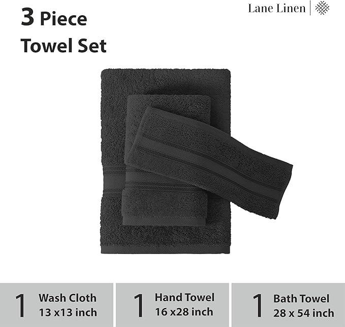 LANE LINEN Luxury Towels Set - 3 Piece Set, 100% Cotton Bathroom Towels, Zero Twist, Quick Dry Shower Towels, Absorbent Bath Towel, Super Soft, 1 Bath Towel, 1 Hand Towel, 1 Wash Cloths - Black