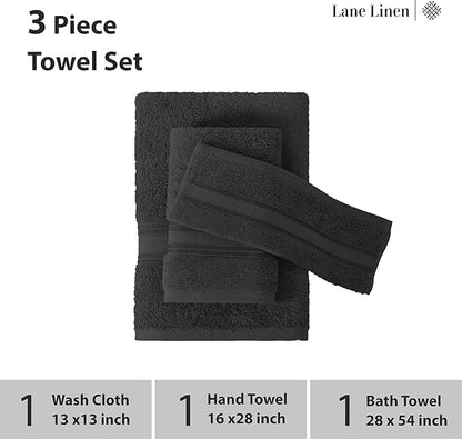 LANE LINEN Luxury Towels Set - 3 Piece Set, 100% Cotton Bathroom Towels, Zero Twist, Quick Dry Shower Towels, Absorbent Bath Towel, Super Soft, 1 Bath Towel, 1 Hand Towel, 1 Wash Cloths - Black