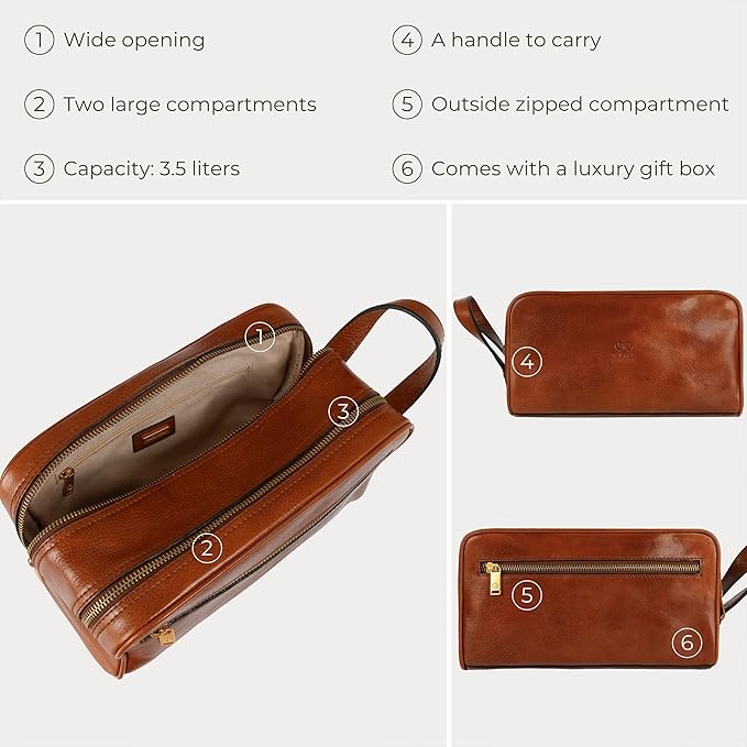 Time Resistance Leather Cosmetic Bag Toiletry Italian Classy Dopp Kit