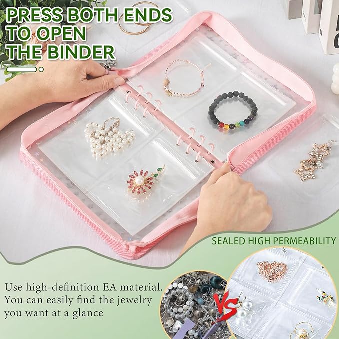 Jewelry Organizer Storage Book Travel Large Clear Earring Storage Case Transparent Bracelet Organizer Case (Pink, Set Pack of 2 Jewelry books)