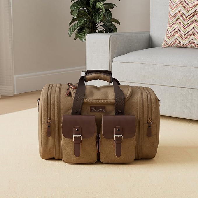 Wildroad 60L Travel Duffel Bag, Expandable Canvas Genuine Leather Duffle Bag Upgraded Overnight Weekender Bag Carry on Bag (Coffee, X Large-60L)