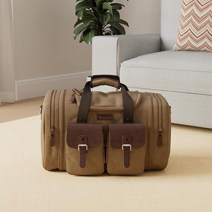 Wildroad 60L Travel Duffel Bag, Expandable Canvas Genuine Leather Duffle Bag Upgraded Overnight Weekender Bag Carry on Bag (Coffee, X Large-60L)