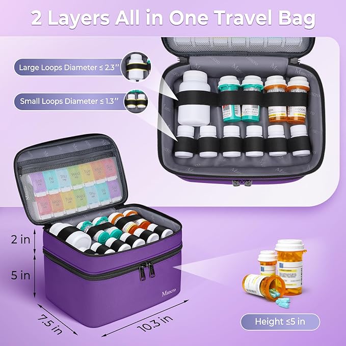 Mancro Dual Layers Pill Bottle Organizer Bag, Medicine Pill Organizer Bag with Lockable Zipper, Medicine Travel Bag for Pills, Vitamins, Pill Cutters, Medical Supply for Home Storage, Purple