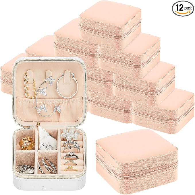 Taiyin 12 Pcs Travel Jewelry Case Box Bridesmaid Gifts Bulk Travel Jewelry Cases Boxes Small Jewels Organizers Mini Accessories Ornaments Storage for Women Girls Wedding Gifts (White,Pink)