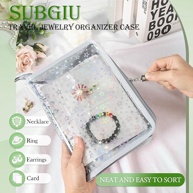 Jewelry Organizer Case Travel Clear Earring Organizer Case Transparent Jewelry Storage Book (Light blue, with 48 Pcs large Jewelry Pouches)