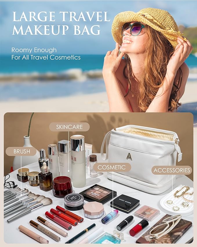 Stocking Stuffers for Women-Birthday Gifts-Teen Girl Gifts Trendy Stuff Initial Makeup Bag for Women, Double Layer Cosmetic Bag with Makeup Brush Organizer, Travel Toiletry Bag,Bride Gift