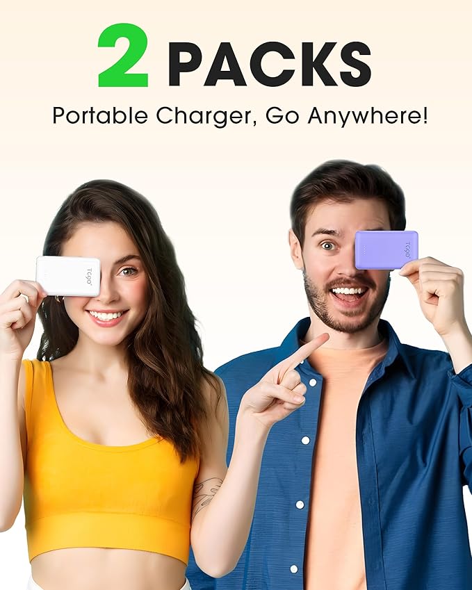 TG90° 2 Pack 5000mAh Power Bank,Small Portable Charge Built-in AC Plug and Cables,Pocket Size USB C External Battery Pack Compatible with iPhone 17 16 15 14 13 12 Samsung Google iPad,White & Purple