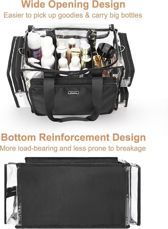 Relavel Extra Large Makeup Case and Clear Makeup Bag, Professional Cosmetic Storage Organizer Box Brush Holder with 4 Clear Set Bags & Lipstick Plate for Makeup Artists with Adjustable Dividers, Black