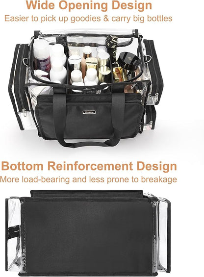 Relavel Extra Large Makeup Case and Clear Makeup Bag, Professional Cosmetic Storage Organizer Box Brush Holder with 4 Clear Set Bags & Lipstick Plate for Makeup Artists with Adjustable Dividers, Black