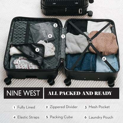 Nine West Suvi 2-Piece Smart Luggage Set (20/28), Hardshell Spinners with Cup Holder & USB Port, Expandable & Scuff-Resistant Surface Midnight Black