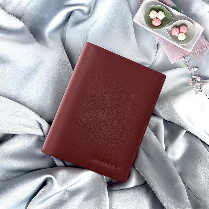 Genuine Leather Passport Holder Wallet Cover for Women,Rfid Travel Wallet Passport Document Holder with Zipper Pocket & Transparent Window Gift for Women - Wine Red