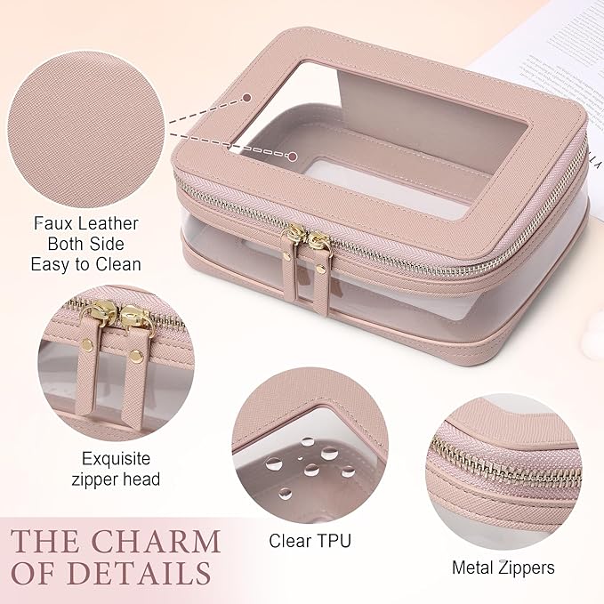 Pinkmik Clear Makeup Bag with Brush Case Travel Toiletry Bag Waterproof Cosmetic Organizer Car Essentials for Women (Pink, M+SLIM-1)