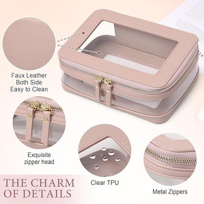 Pinkmik Clear Makeup Bag with Brush Case Travel Toiletry Bag Waterproof Cosmetic Organizer Car Essentials for Women (Pink, M+SLIM-1)
