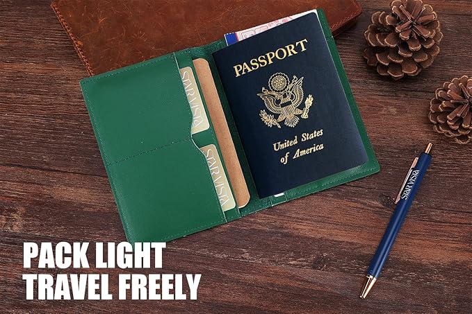 STAR VISTA Albatross Leather Travel Passport Holder, Minimalist Design, Calfskin Leather Case for Women and Men - Slim Passport Wallet, Bifold, RFID Blocking, with AirTag Holder, Green