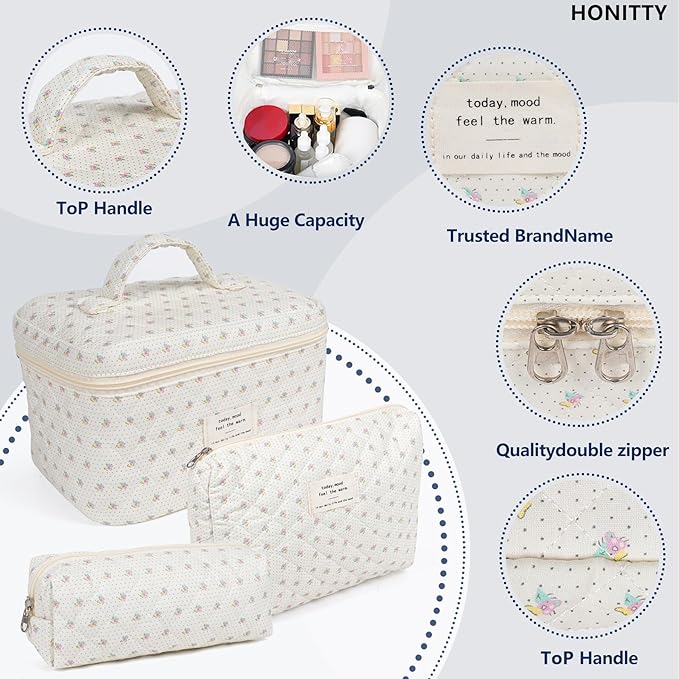 Makeup Bag,Quilted Cosmetic Bags,Large Floral Make Up Organize bag,Makeup Bag Set for Women,Flower Travel Toiletry Bag