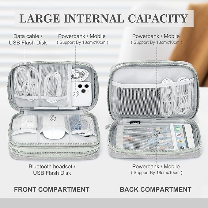 FYY Electronic Organizer, Large Travel Cable Organizer Bag Pouch Electronic Accessories Carry Case Portable Waterproof Double Layers All-in-One Storage Bag for Cable, Cord, Charger, Phone, Grey