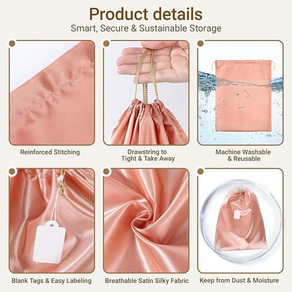 Ewen 7 Pack of 11.8x15.7in Pink Orange Dust Bags for Shoes, Satin Purse Storage Bags, Pouches Covers for Travel, Dust Cover Bag for Handbag, Closet Organizer Protectors, Silk Cloth Bag with Drawstring