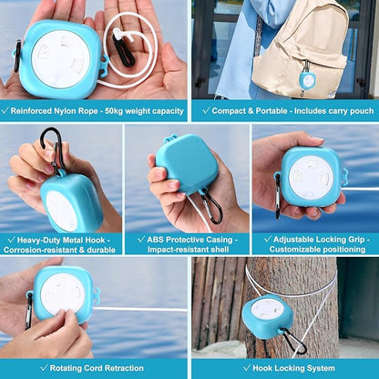 6 Pack Foldable Travel Hangers with Clips & Adjustable Clothesline, Portable Collapsible Hangers with Storage Bag for Suitcase, Hotel, RV, Cruise Essentials Set (Blue)