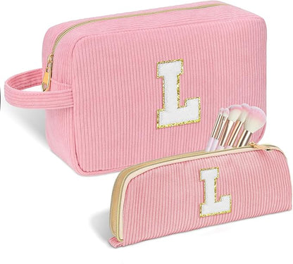 Personalized Initial Makeup Bag Trendy Stuff Corduroy Cosmetic Bag Travel Toiletry Bag for Women, Christmas/Thanksgiving/Halloween Gifts Makeup Organizer Case for Teen Girls Mom Girlfriend Wife - Pink
