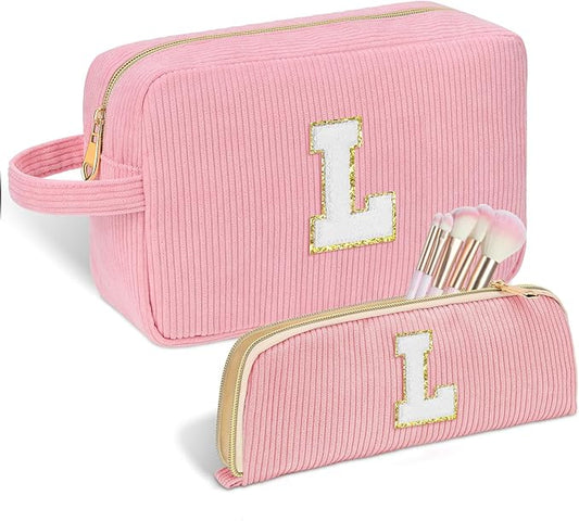 Personalized Initial Makeup Bag Trendy Stuff Corduroy Cosmetic Bag Travel Toiletry Bag for Women, Christmas/Thanksgiving/Halloween Gifts Makeup Organizer Case for Teen Girls Mom Girlfriend Wife - Pink