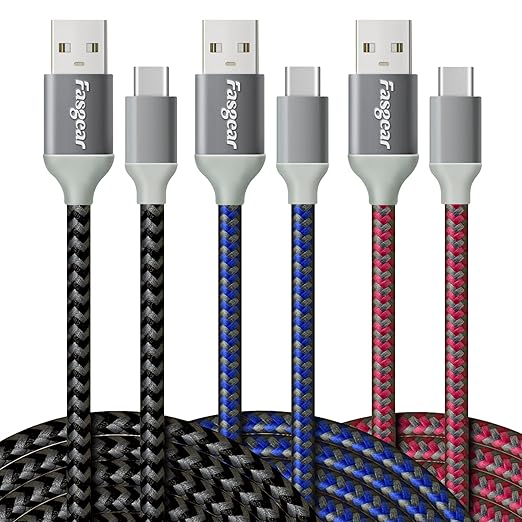 Fasgear 10ft USB-C to USB A Cables 3 Pack Long 3A Fast Charging Type C Charger Cord Nylon Braided Compatible with Galaxy S21 Note 10 S9 S8 A70 A60 A51/LG V20 G6/Moto Z /PS5 (Blue/Black/Rose)