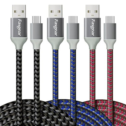 Fasgear 10ft USB-C to USB A Cables 3 Pack Long 3A Fast Charging Type C Charger Cord Nylon Braided Compatible with Galaxy S21 Note 10 S9 S8 A70 A60 A51/LG V20 G6/Moto Z /PS5 (Blue/Black/Rose)