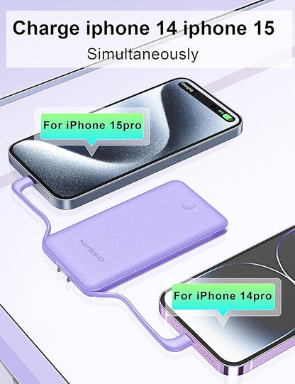miisso Ultra Slim 10000mAh Power Bank Built-in Cables and Foldable AC Wall Plug, Pocket Size USB C Portable Charger, External Battery Pack Compatible with iPhone Samsung, 2 Pack Purple & Blue